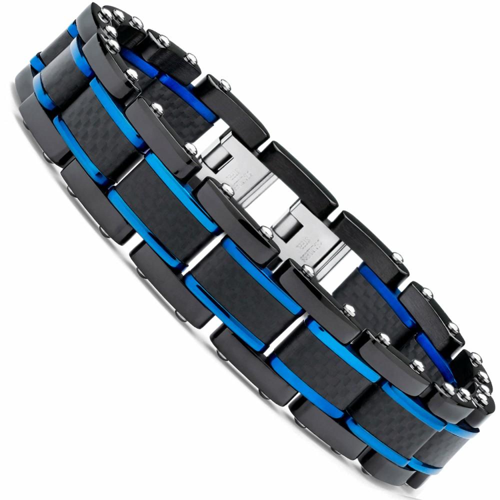 Bracelets | Mens Black Blue Stainless Steel Bracelet Pure Carbon Fiber Links 8.25 Resizable