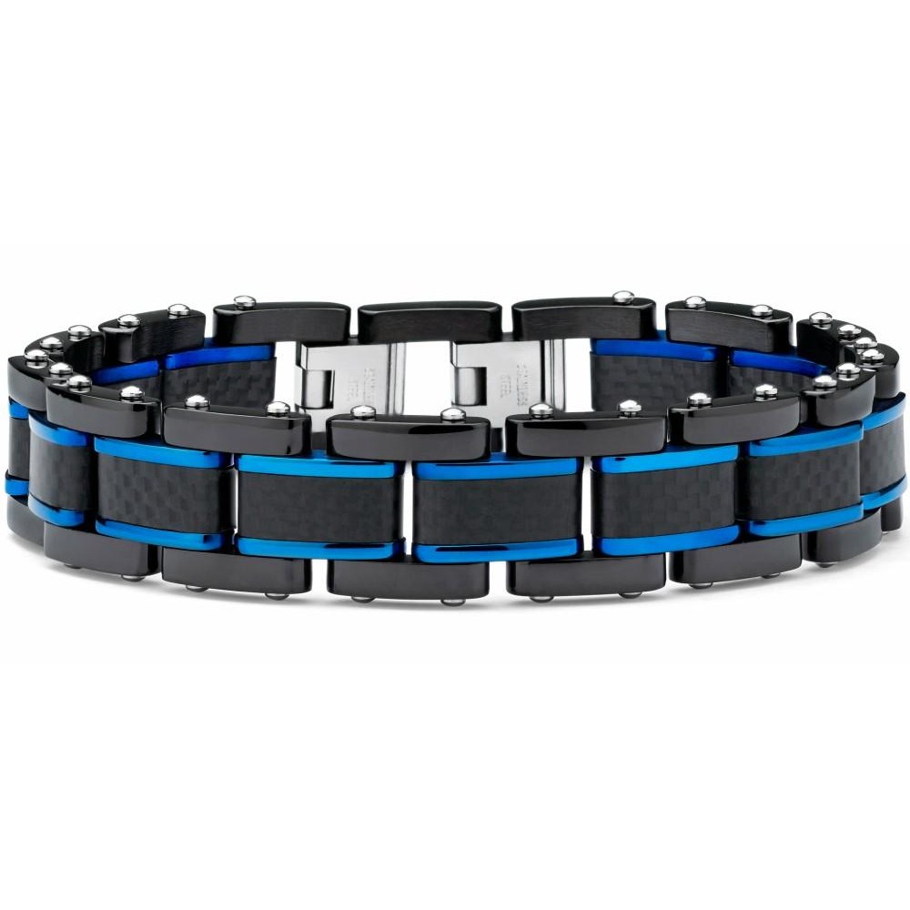 Bracelets | Mens Black Blue Stainless Steel Bracelet Pure Carbon Fiber Links 8.25 Resizable