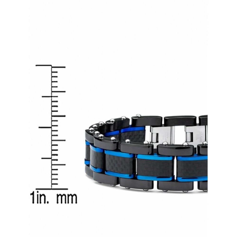 Bracelets | Mens Black Blue Stainless Steel Bracelet Pure Carbon Fiber Links 8.25 Resizable