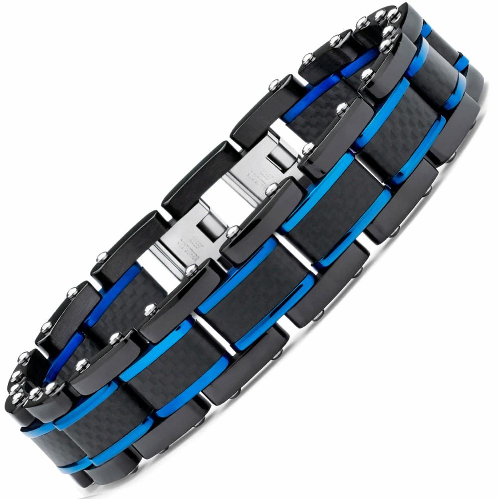 Bracelets | Mens Black Blue Stainless Steel Bracelet Pure Carbon Fiber Links 8.25 Resizable