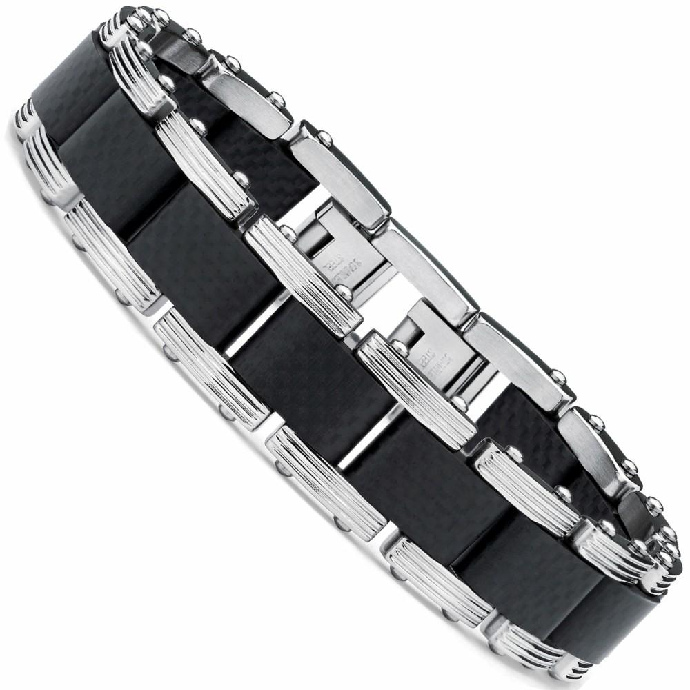 Bracelets | Men's Two Tone Black Stainless Steel Bracelet with Pure Solid Carbon Fiber links 8.25 Can be sized down