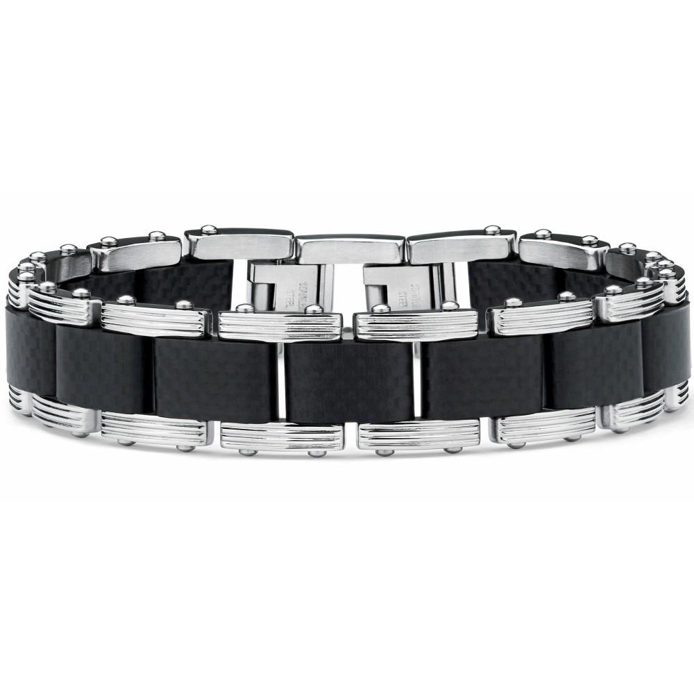 Bracelets | Men's Two Tone Black Stainless Steel Bracelet with Pure Solid Carbon Fiber links 8.25 Can be sized down