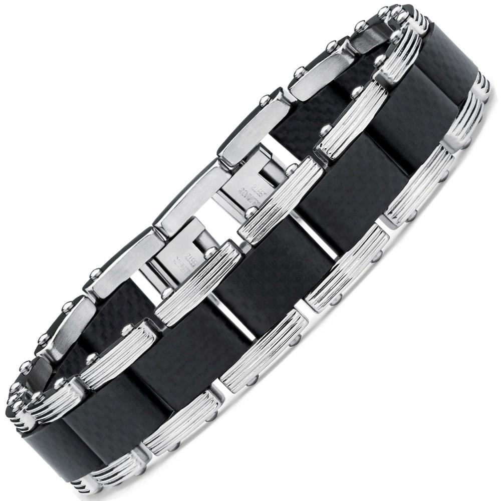 Bracelets | Men's Two Tone Black Stainless Steel Bracelet with Pure Solid Carbon Fiber links 8.25 Can be sized down