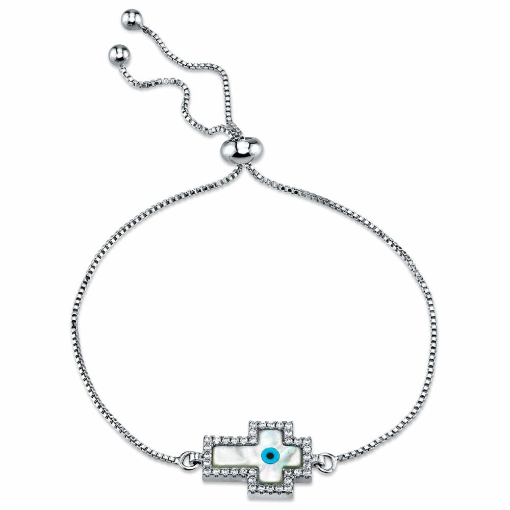 Bracelets | Mother of Pearl Cross Evil Eye Bolo Bracelet with Cubic Zirconia adjustable up to 8.5