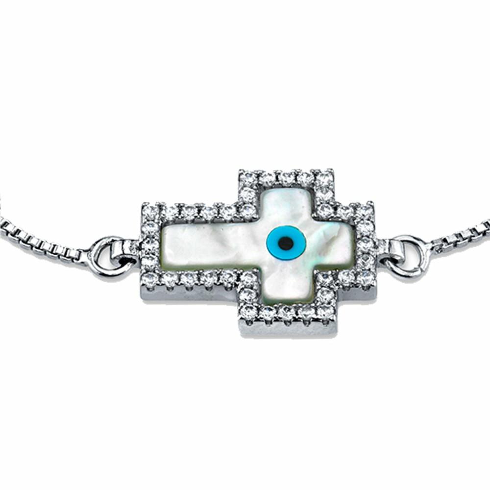 Bracelets | Mother of Pearl Cross Evil Eye Bolo Bracelet with Cubic Zirconia adjustable up to 8.5