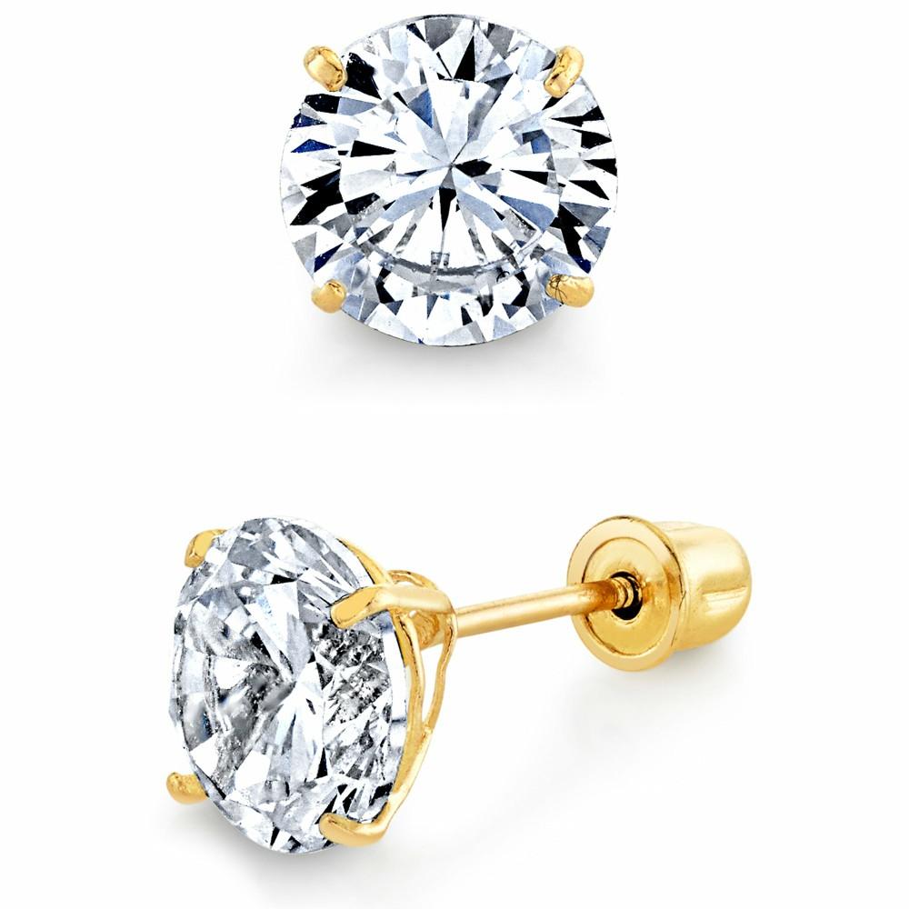 Earrings | 14K Solid Gold Round Stud Earrings Screwback CZ