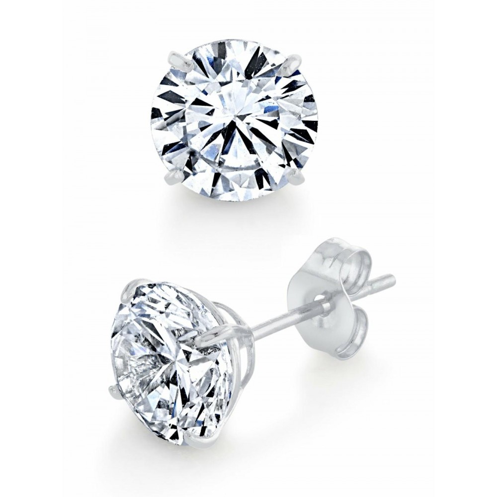 Earrings | 14K White Gold Round Stud Earrings Butterfly Cubic Zirconia CZ