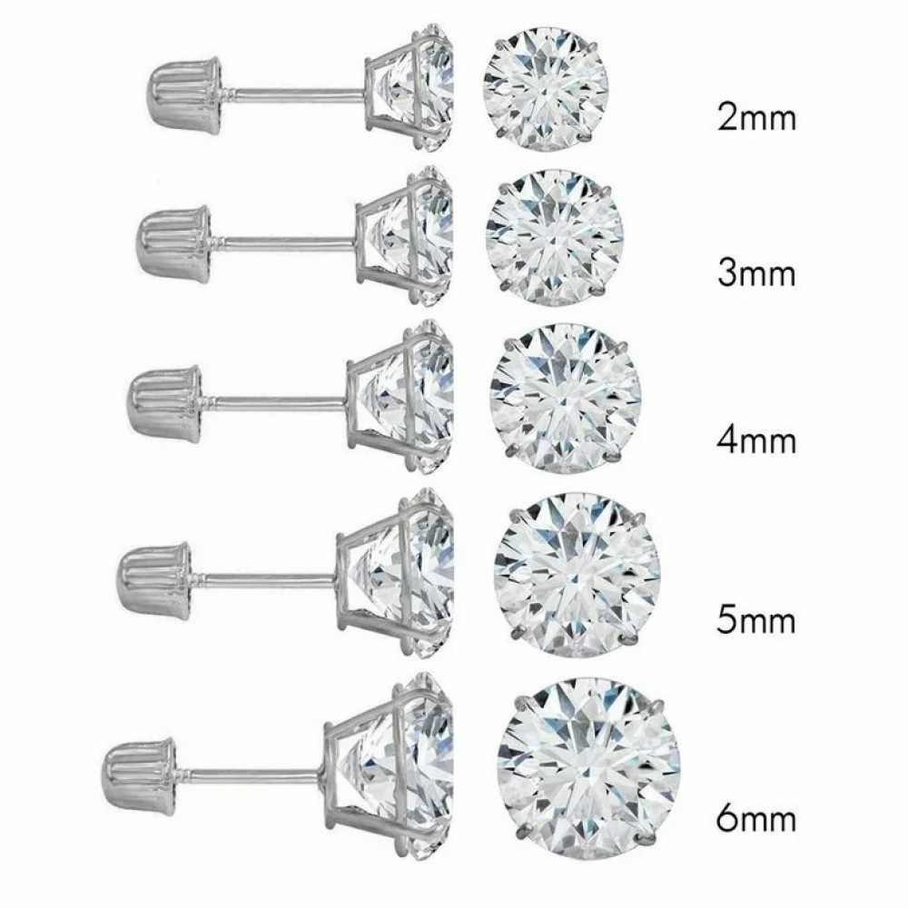 Earrings | 14K White Gold Round Stud Earrings Screwback Cubic Zirconia CZ