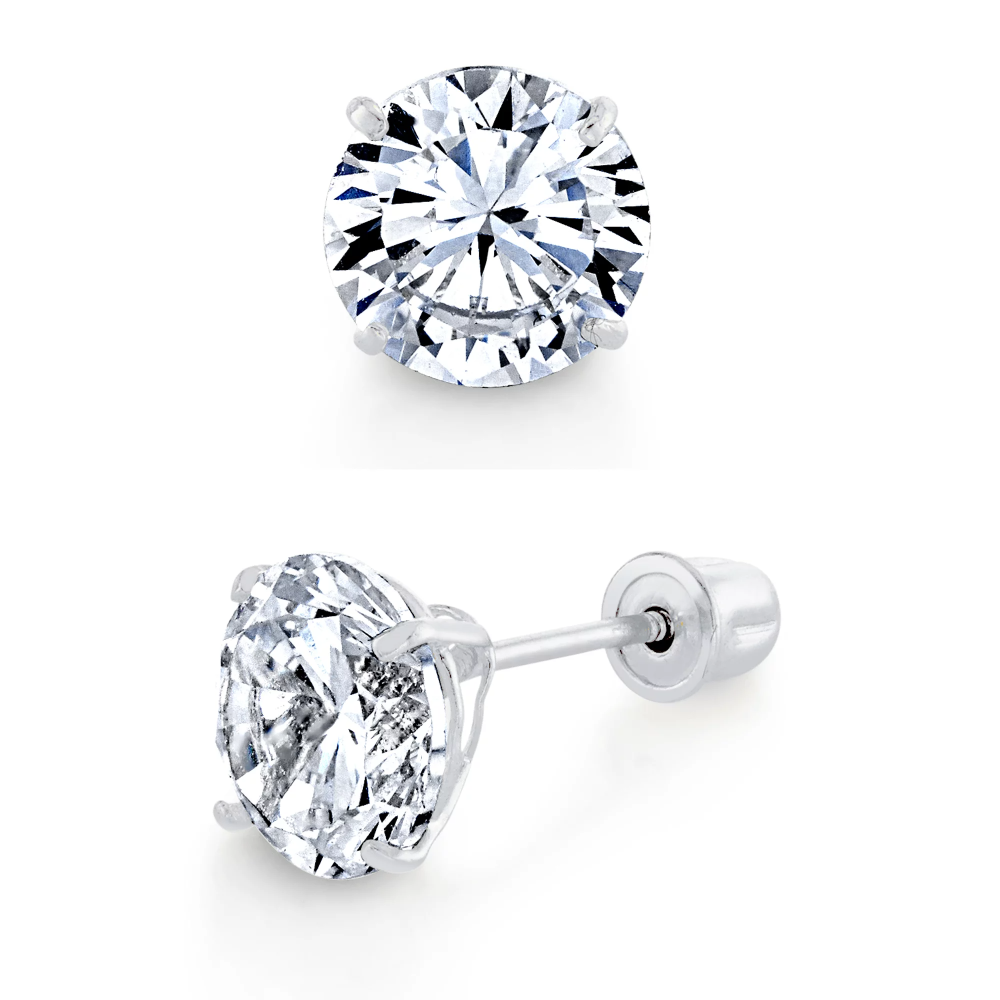 Earrings | 14K White Gold Round Stud Earrings Screwback Cubic Zirconia CZ