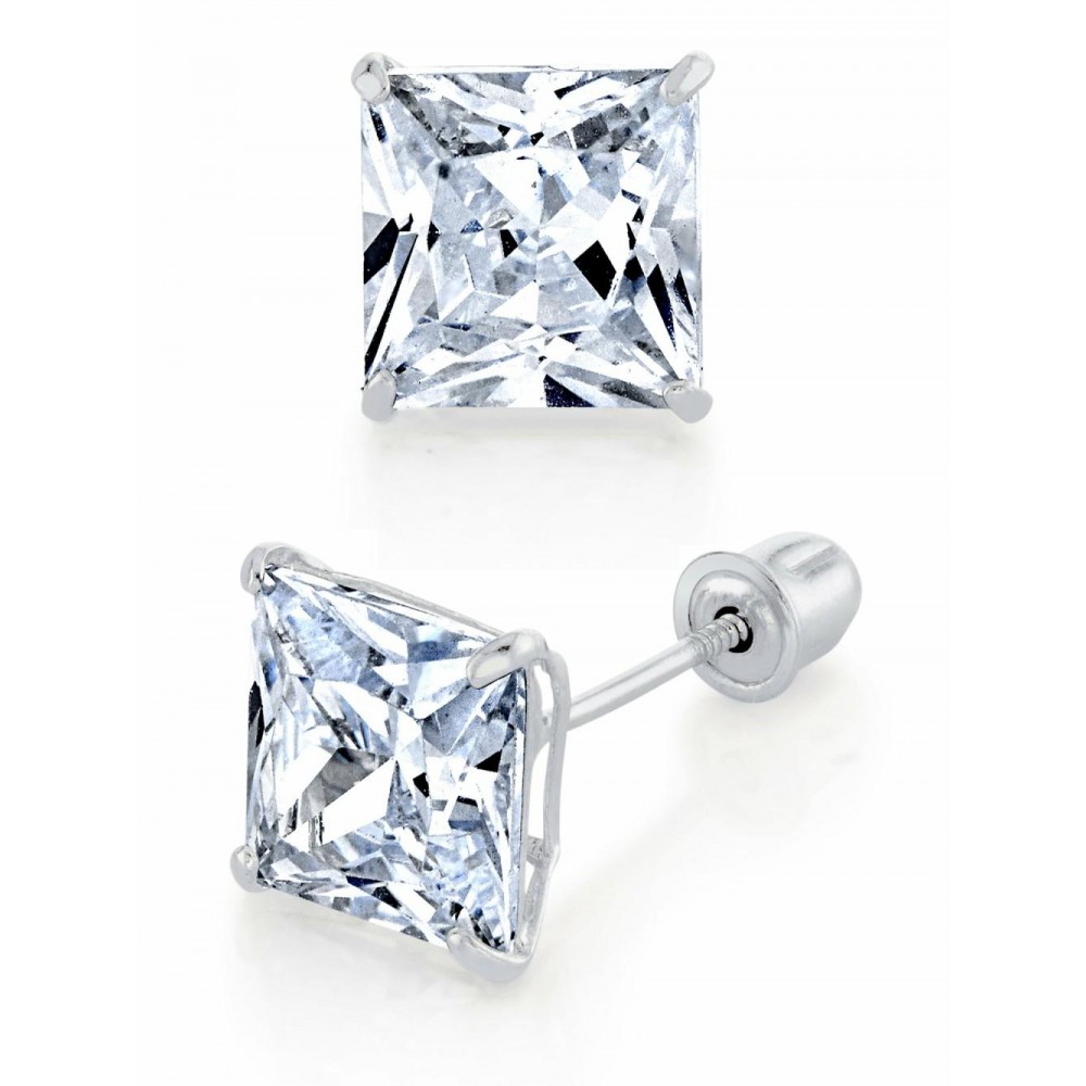 Earrings | 14K White Gold Stud Earrings Princess Screwback Cubic Zirconia CZ