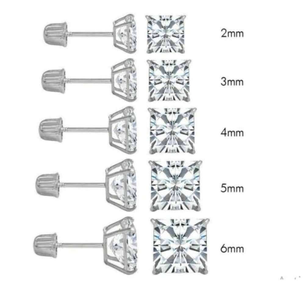 Earrings | 14K White Gold Stud Earrings Princess Screwback Cubic Zirconia CZ