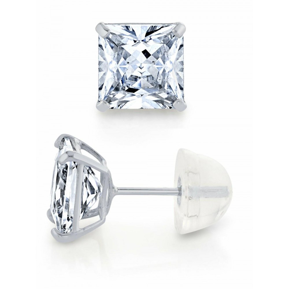 Earrings | 14K White Gold Stud Earrings Princess Silicone 2.5ct Cubic Zirconia CZ