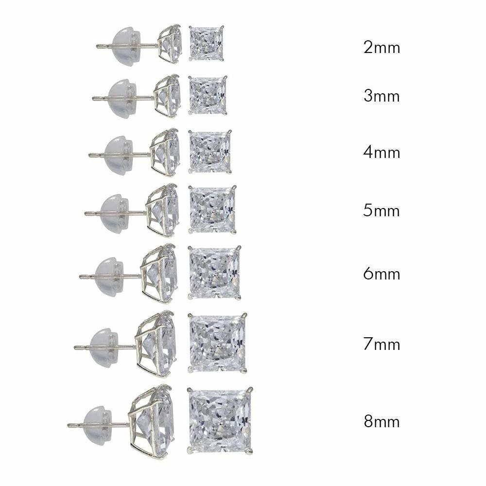 Earrings | 14K White Gold Stud Earrings Princess Silicone 2.5ct Cubic Zirconia CZ