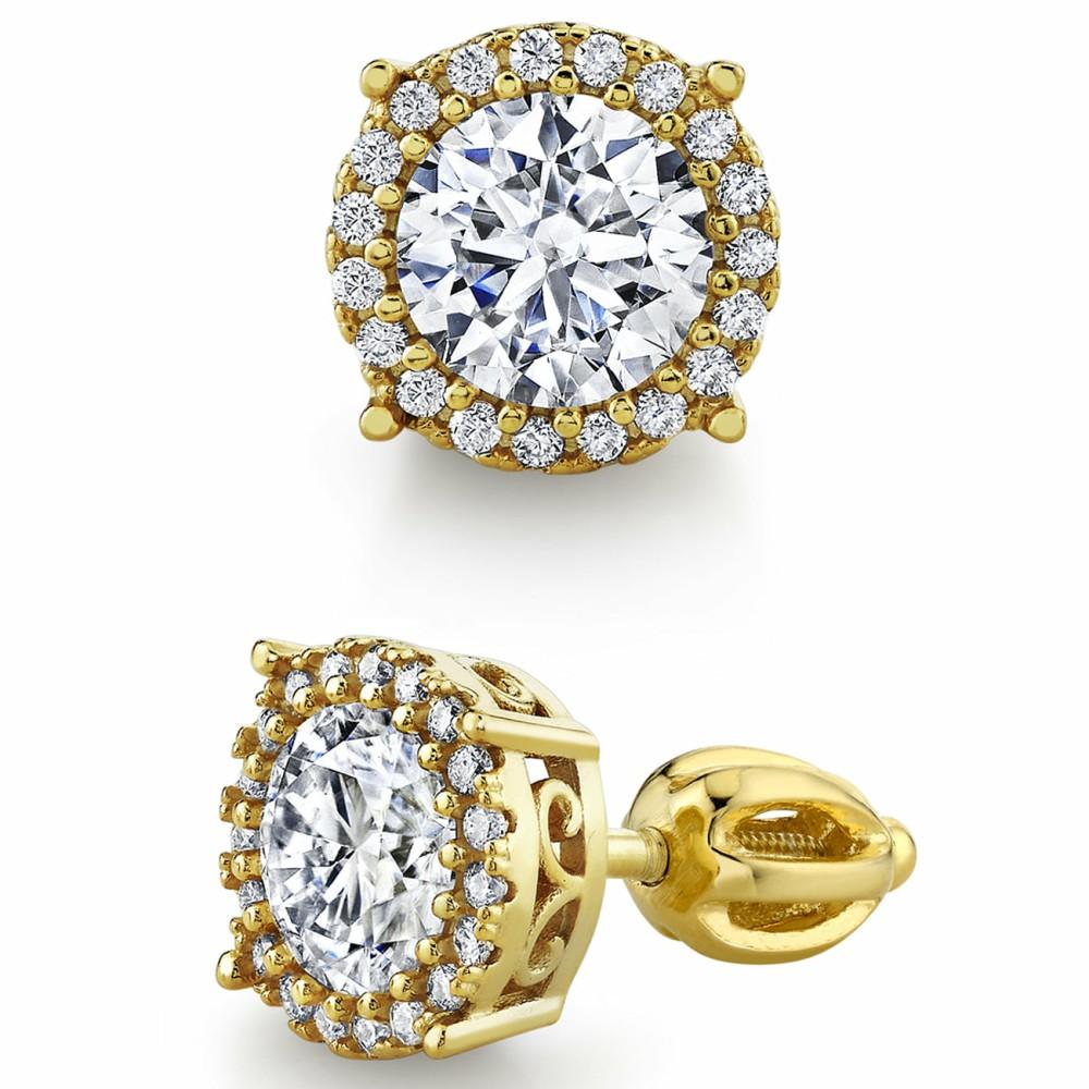 Earrings | 2.25 and 1.25 Carat 18K Gold Over Sterling Silver Dainty Halo Round Moissanite Screw Back Stud Earrings