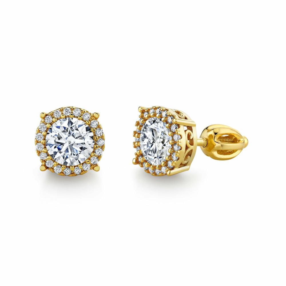 Earrings | 2.25 and 1.25 Carat 18K Gold Over Sterling Silver Dainty Halo Round Moissanite Screw Back Stud Earrings