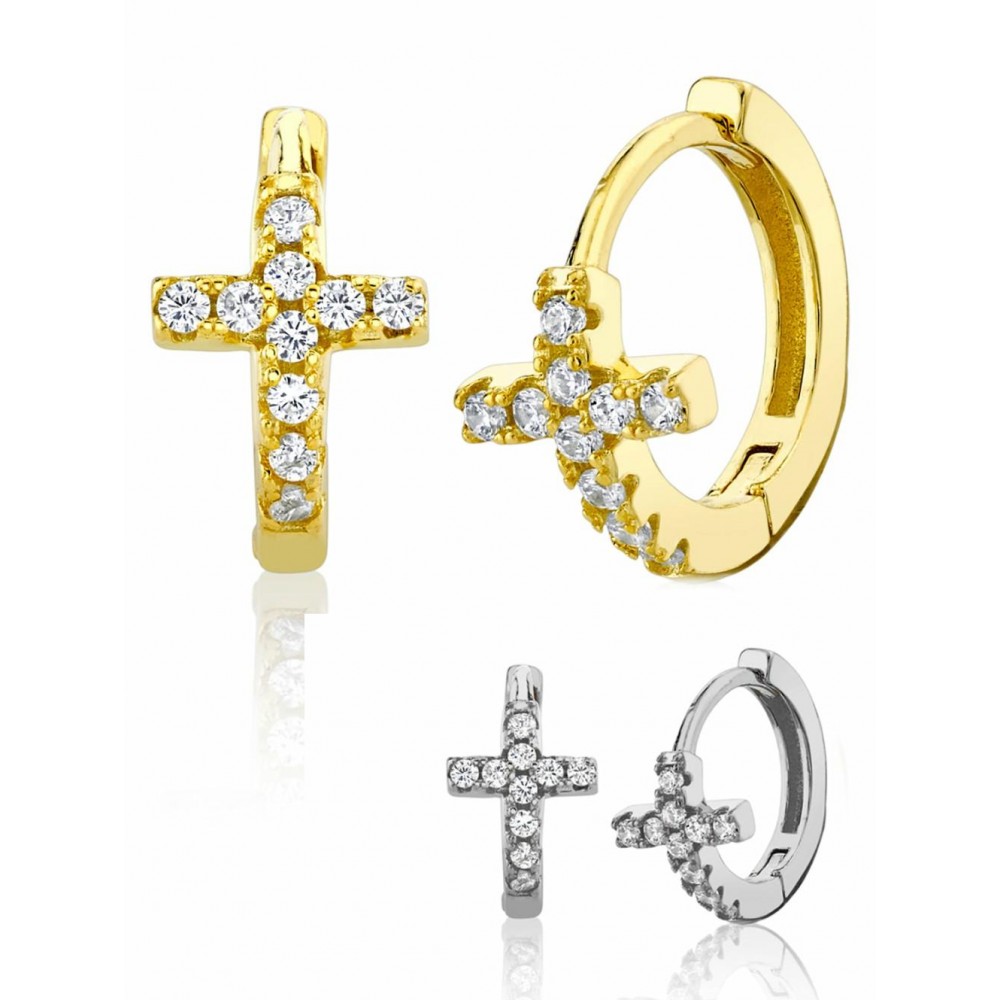 Earrings | 925 Sterling Silver Cross Goldtone Huggie Hoop Earrings Round CZ 6.5MM