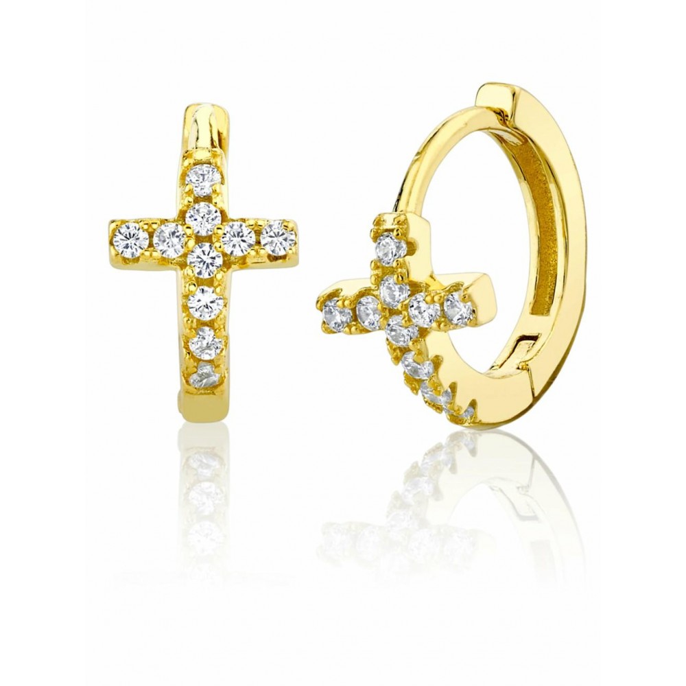 Earrings | 925 Sterling Silver Cross Goldtone Huggie Hoop Earrings Round CZ 6.5MM