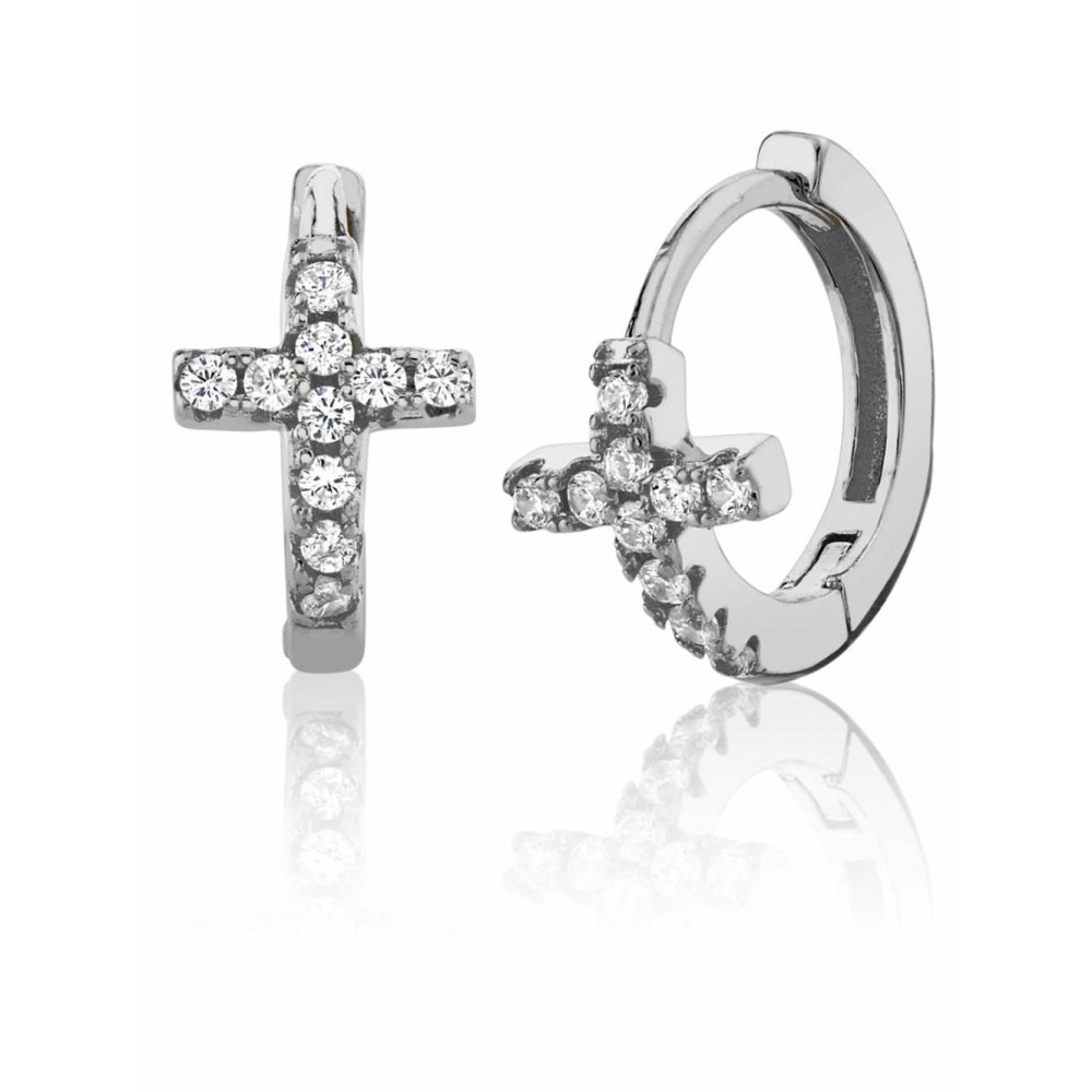 Earrings | 925 Sterling Silver Cross Goldtone Huggie Hoop Earrings Round CZ 6.5MM