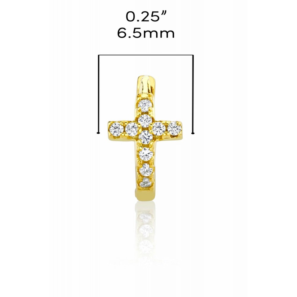 Earrings | 925 Sterling Silver Cross Goldtone Huggie Hoop Earrings Round CZ 6.5MM