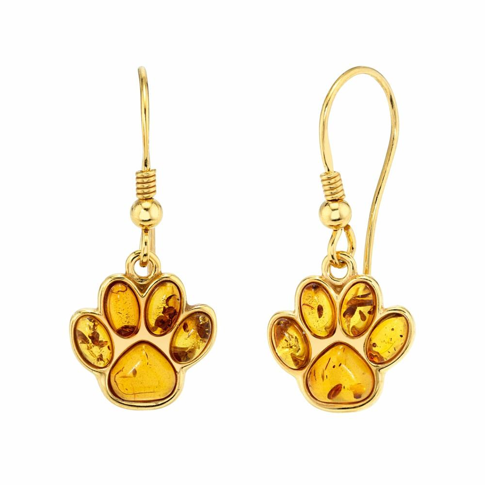 Earrings | Baltic Amber Dog Paw 14K Goldplated 925 Sterling Silver Drop Dangle Earrings