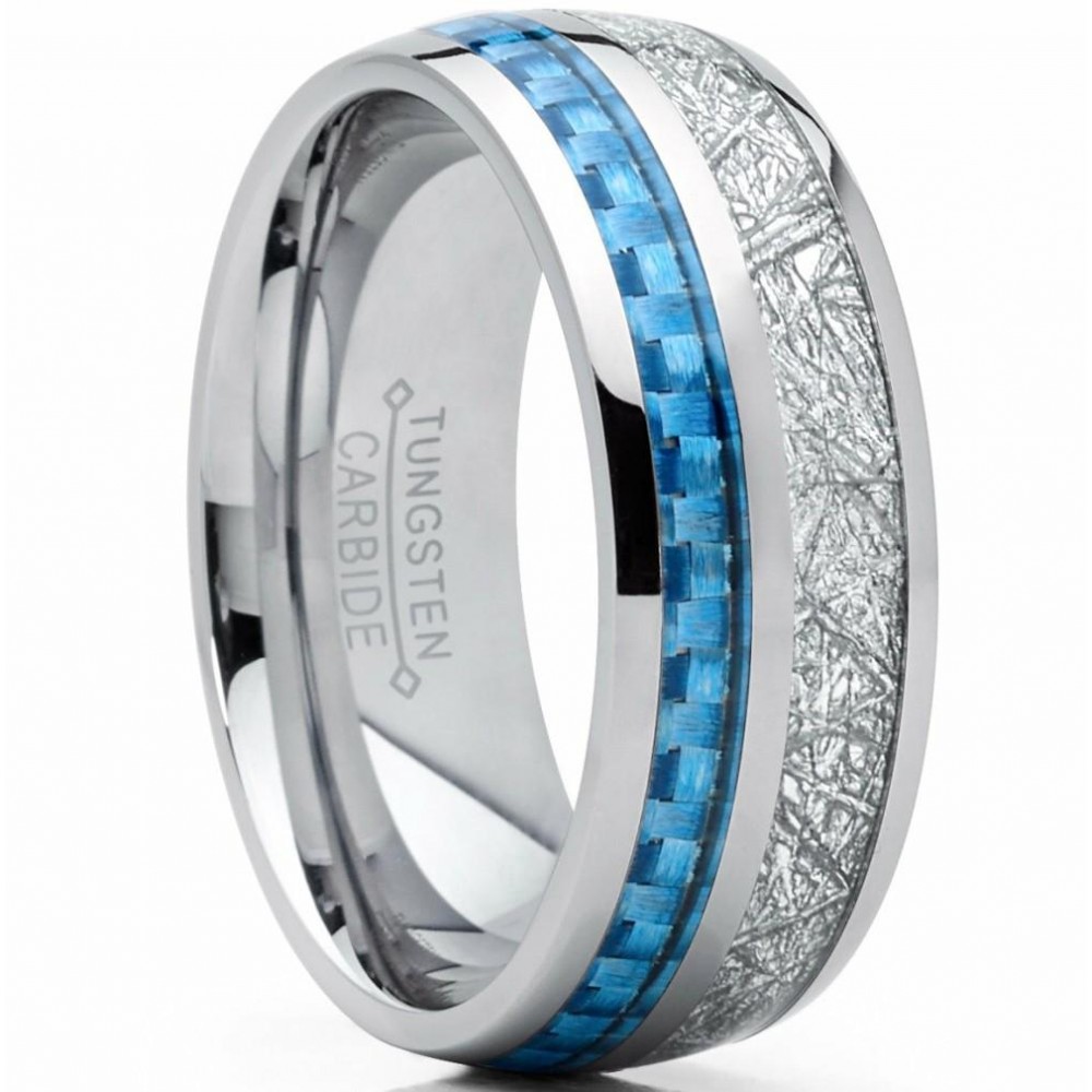 Mens Rings | 8mm Men's Tungsten Carbide Wedding Band Engagement Ring with Baby Blue Carbon Fiber and Imitated Meteorite, Comfort Fit