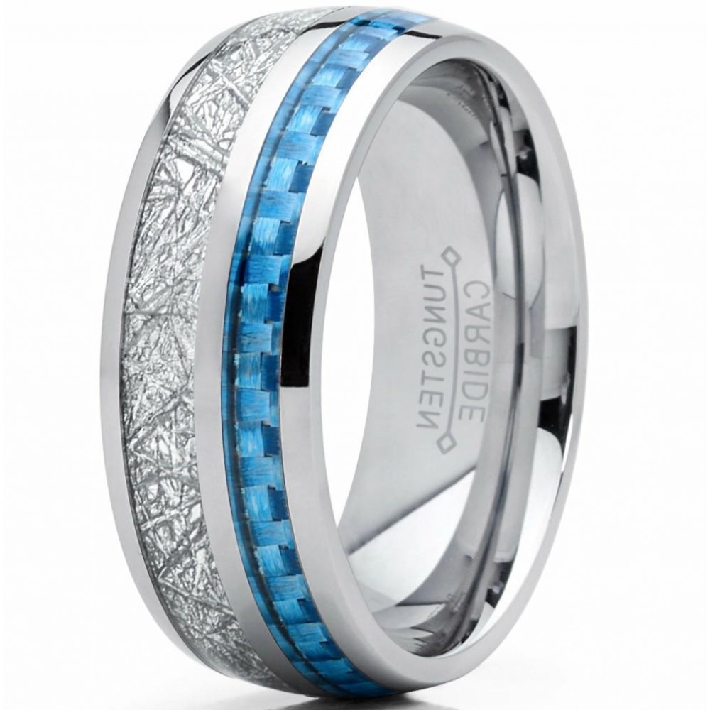 Mens Rings | 8mm Men's Tungsten Carbide Wedding Band Engagement Ring with Baby Blue Carbon Fiber and Imitated Meteorite, Comfort Fit