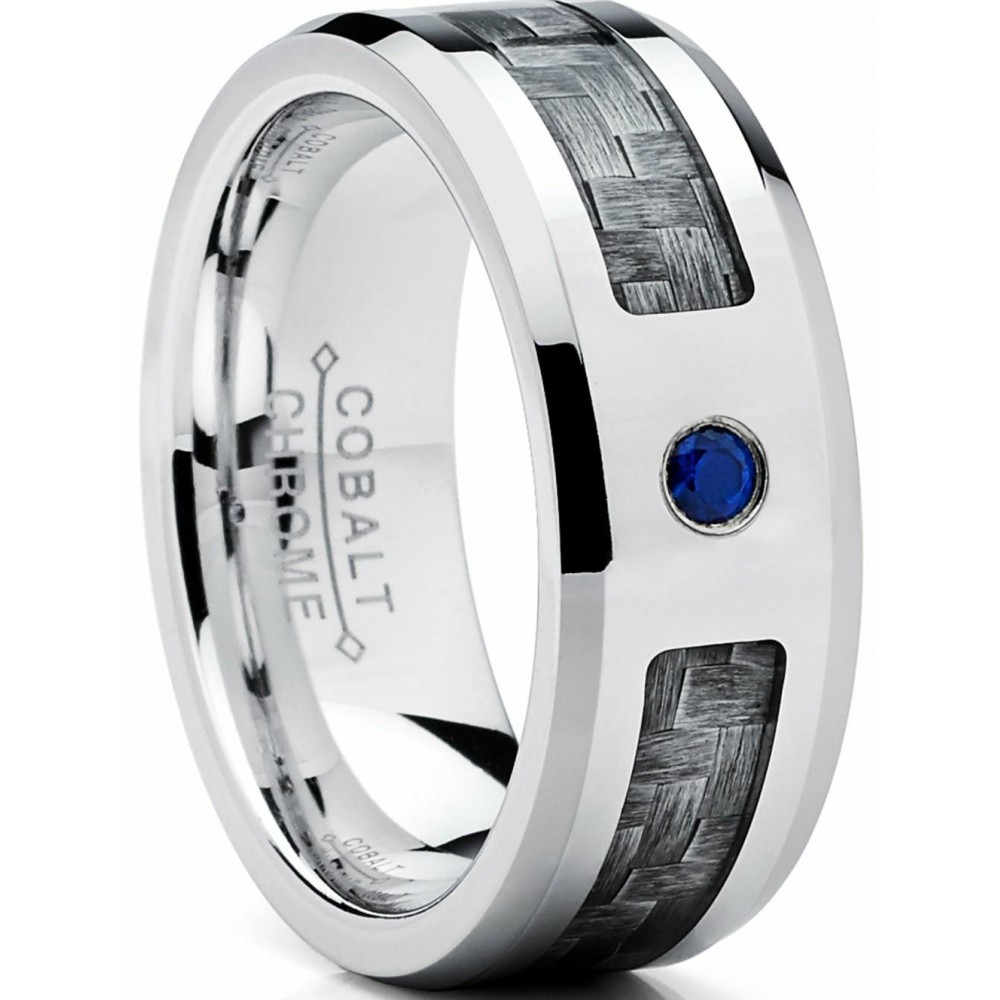 Mens Rings | Cobalt Men's Wedding Band Ring W/ Gray 3K Carbon Fiber Inlay and 0.05 Carat Blue Sapphire