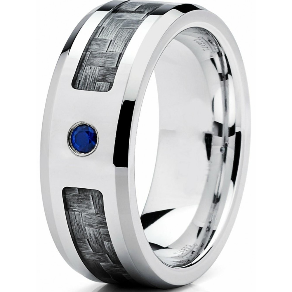 Mens Rings | Cobalt Men's Wedding Band Ring W/ Gray 3K Carbon Fiber Inlay and 0.05 Carat Blue Sapphire