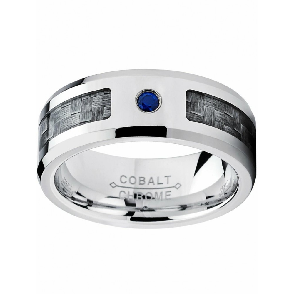 Mens Rings | Cobalt Men's Wedding Band Ring W/ Gray 3K Carbon Fiber Inlay and 0.05 Carat Blue Sapphire