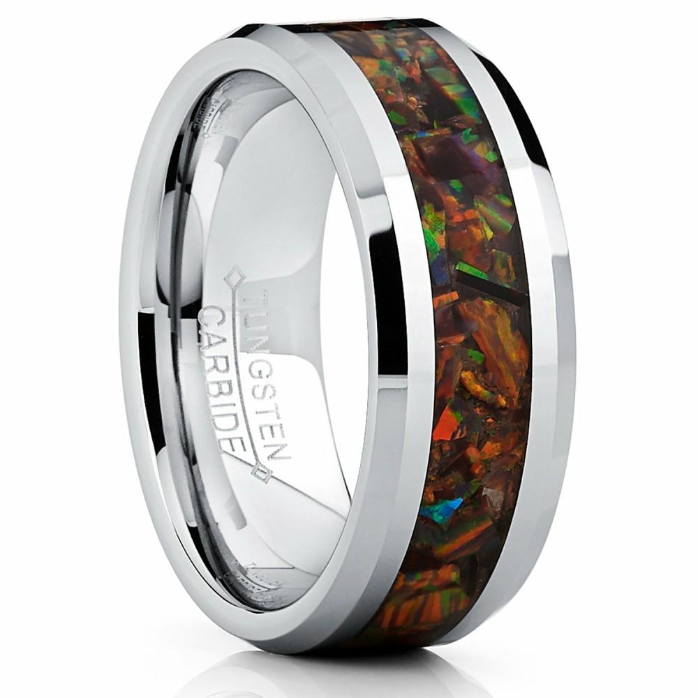 Mens Rings | Men's 8MM Tungsten Carbide Wedding Band Ring With Fire Red Simulated Opal Inlay 8MM