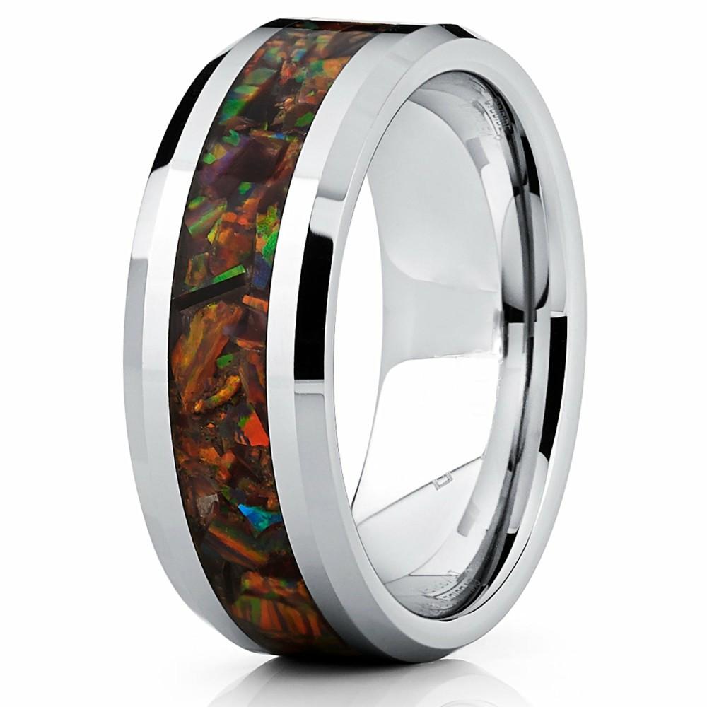 Mens Rings | Men's 8MM Tungsten Carbide Wedding Band Ring With Fire Red Simulated Opal Inlay 8MM