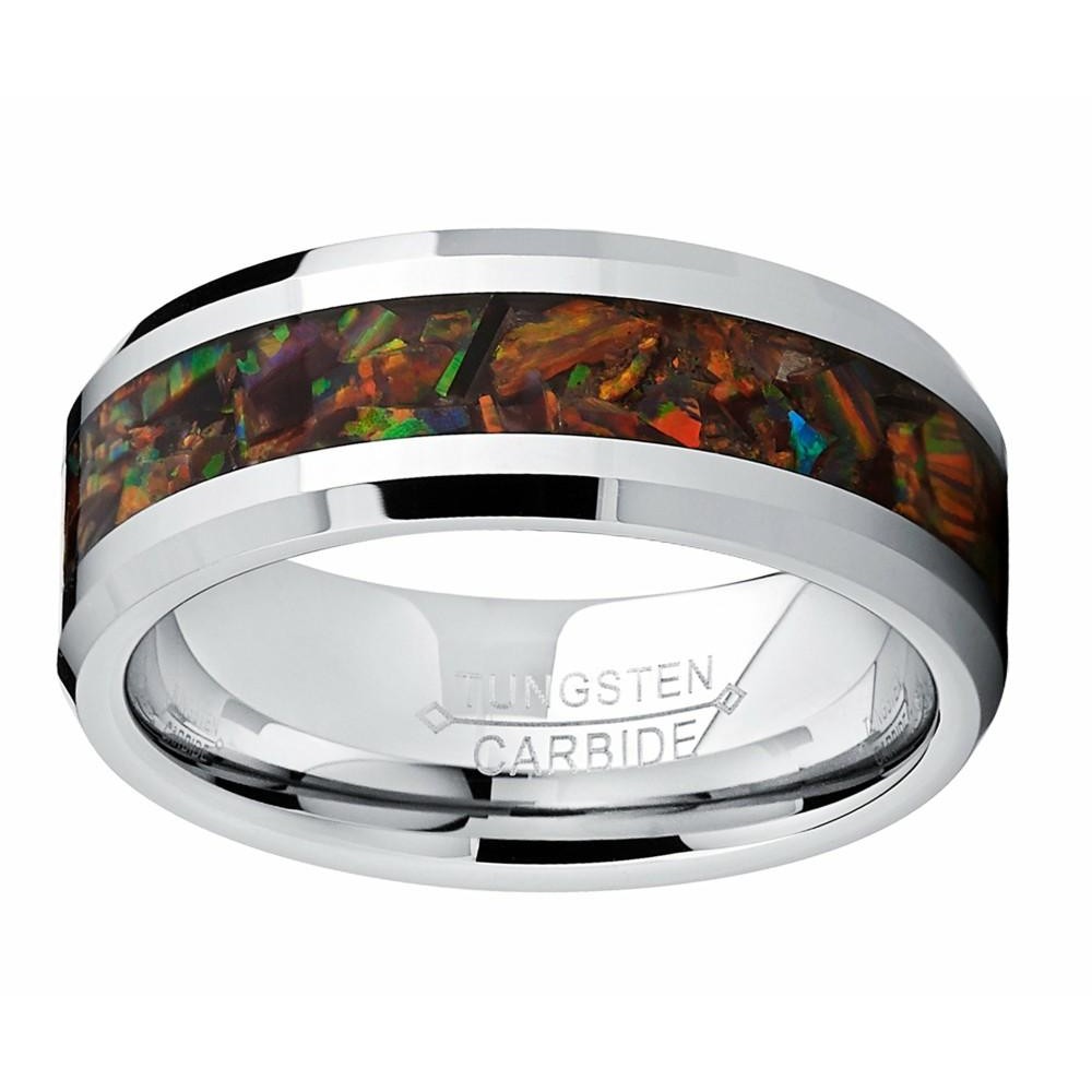 Mens Rings | Men's 8MM Tungsten Carbide Wedding Band Ring With Fire Red Simulated Opal Inlay 8MM