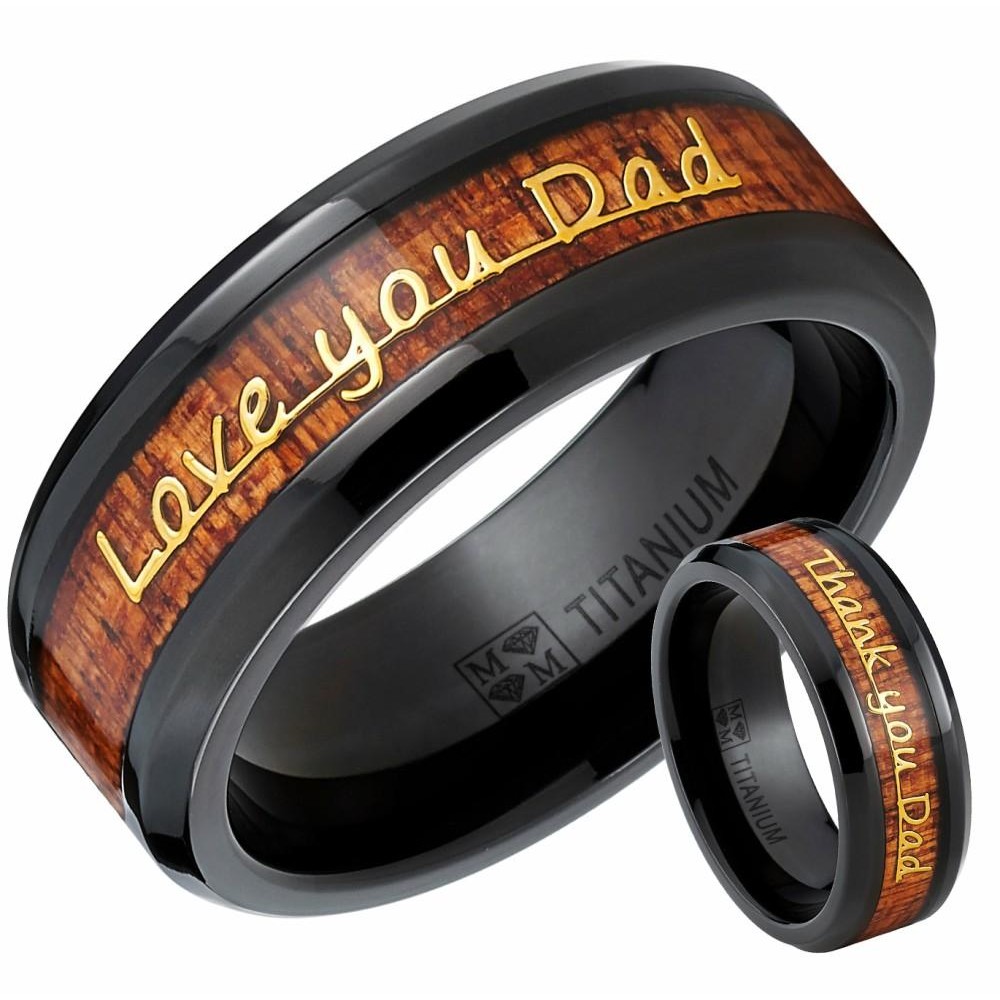 Mens Rings | Men's Black Titanium Love you Thank you Dad Father's Day Ring Band Wood Inlay