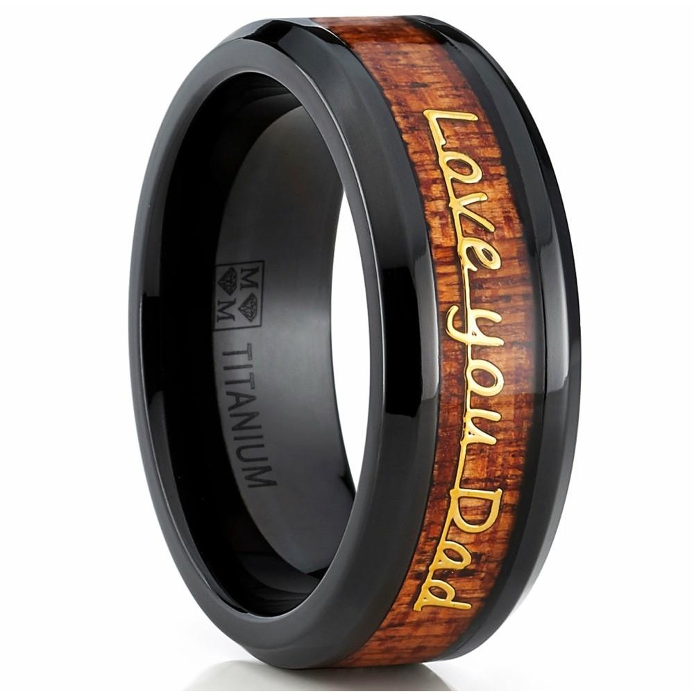 Mens Rings | Men's Black Titanium Love you Thank you Dad Father's Day Ring Band Wood Inlay