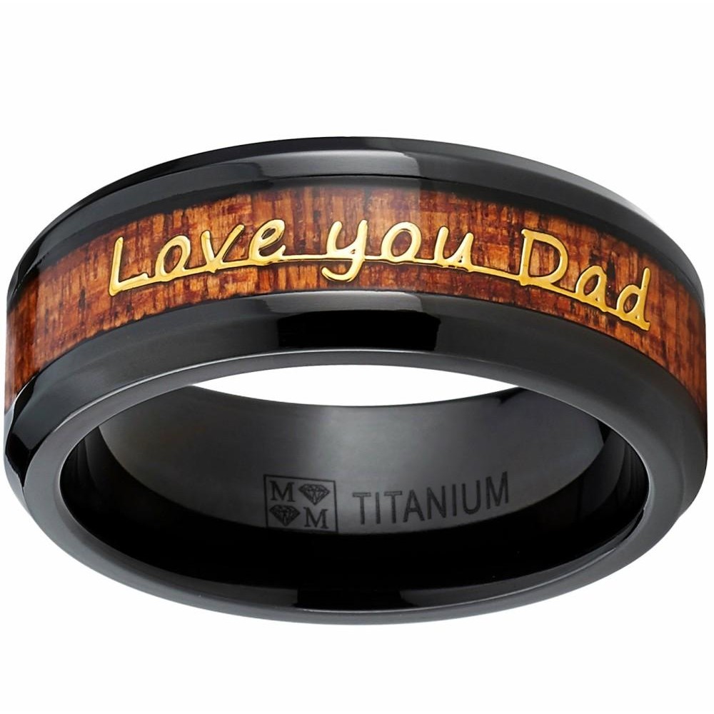 Mens Rings | Men's Black Titanium Love you Thank you Dad Father's Day Ring Band Wood Inlay