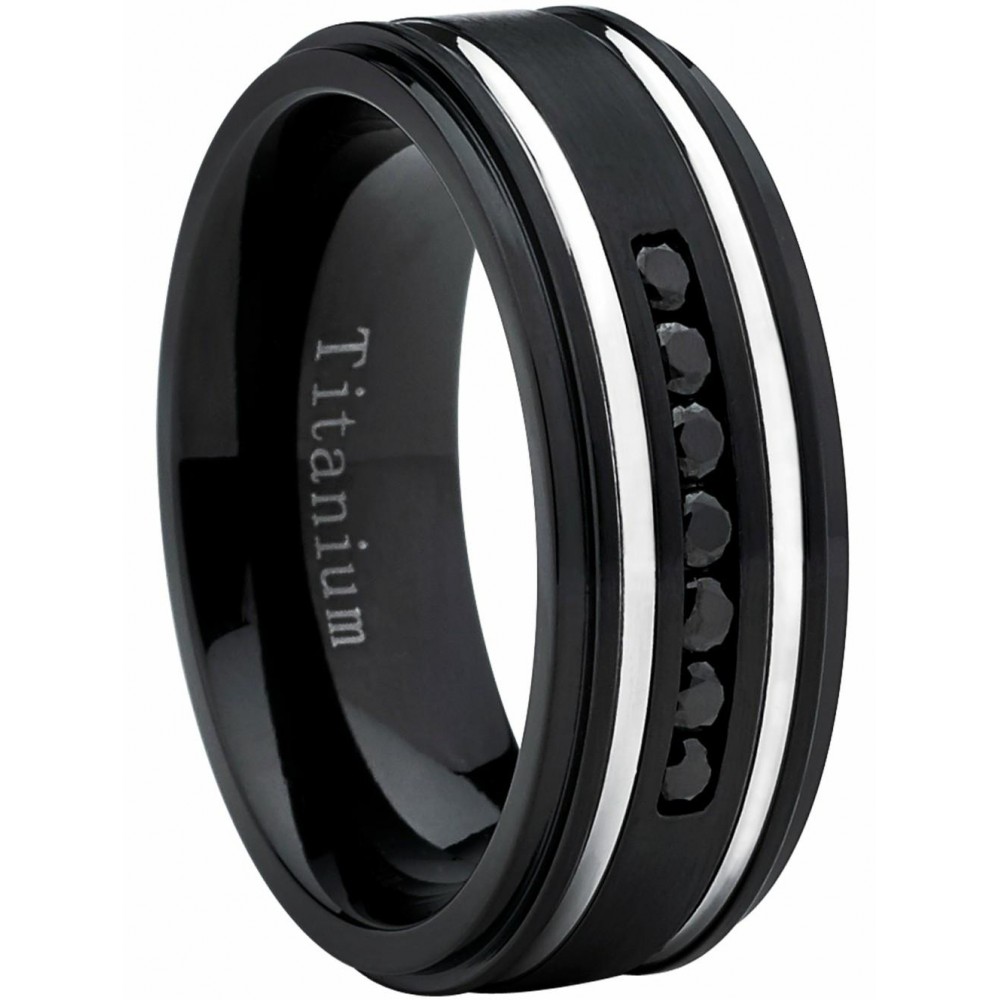 Mens Rings | Men's Black Titanium Ring Wedding Band With Two Grooves and 7 Black Round Cut Cubic Zirconia CZ