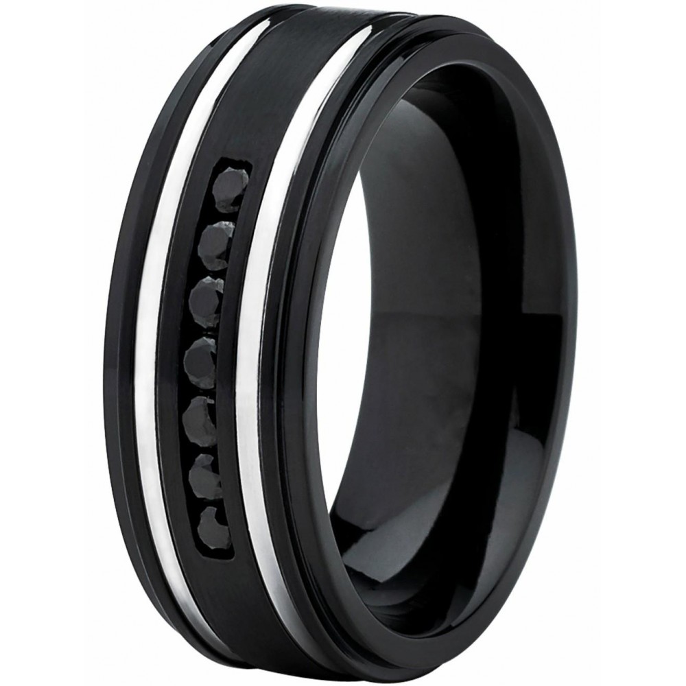 Mens Rings | Men's Black Titanium Ring Wedding Band With Two Grooves and 7 Black Round Cut Cubic Zirconia CZ