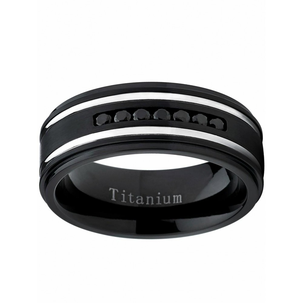 Mens Rings | Men's Black Titanium Ring Wedding Band With Two Grooves and 7 Black Round Cut Cubic Zirconia CZ