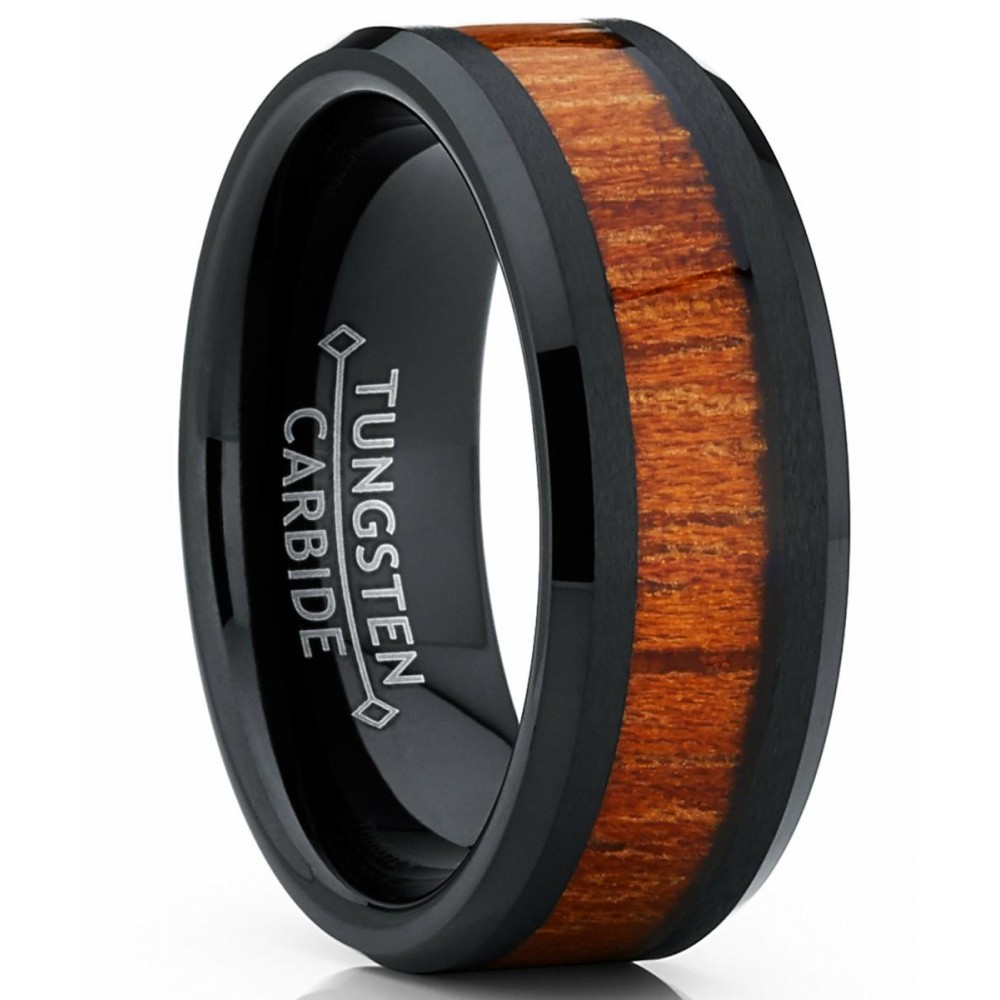 Mens Rings | Men's Black Tungsten Carbide Wedding Band Ring, Real Wood Inlay Comfort Fit 8mm