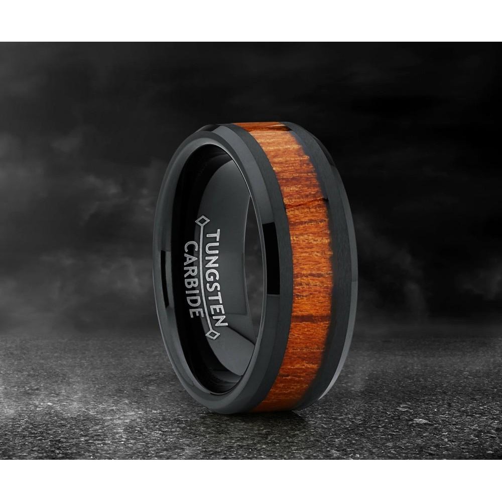 Mens Rings | Men's Black Tungsten Carbide Wedding Band Ring, Real Wood Inlay Comfort Fit 8mm