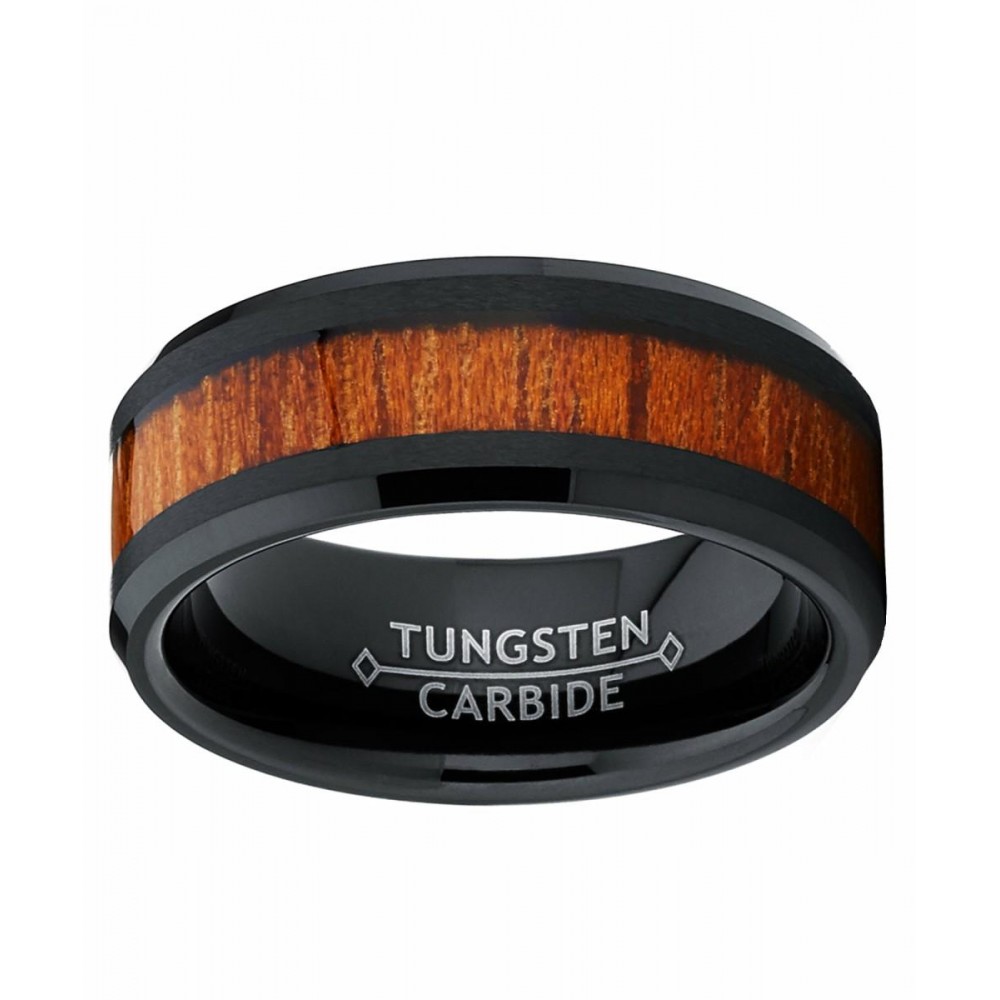 Mens Rings | Men's Black Tungsten Carbide Wedding Band Ring, Real Wood Inlay Comfort Fit 8mm