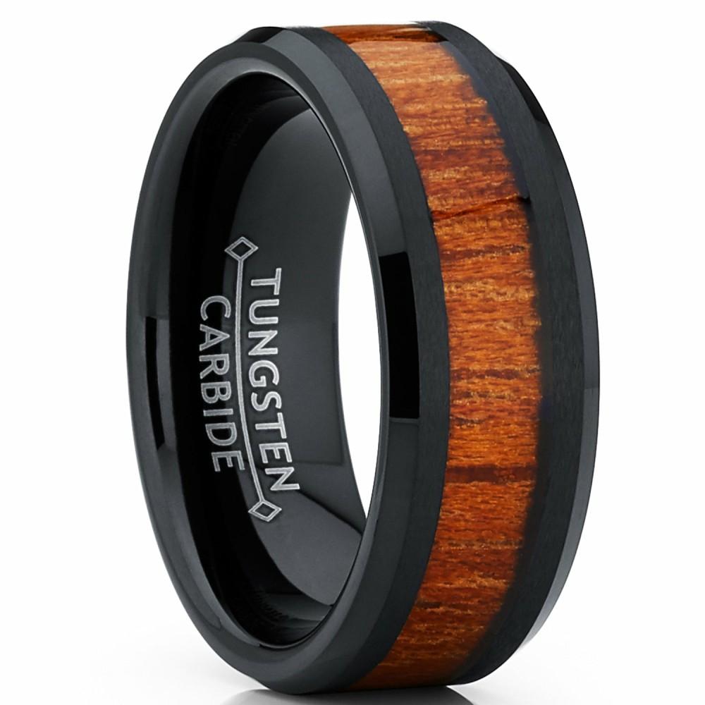 Mens Rings | Men's Black Tungsten Carbide Wedding Band Ring, Real Wood Inlay Comfort Fit 8mm