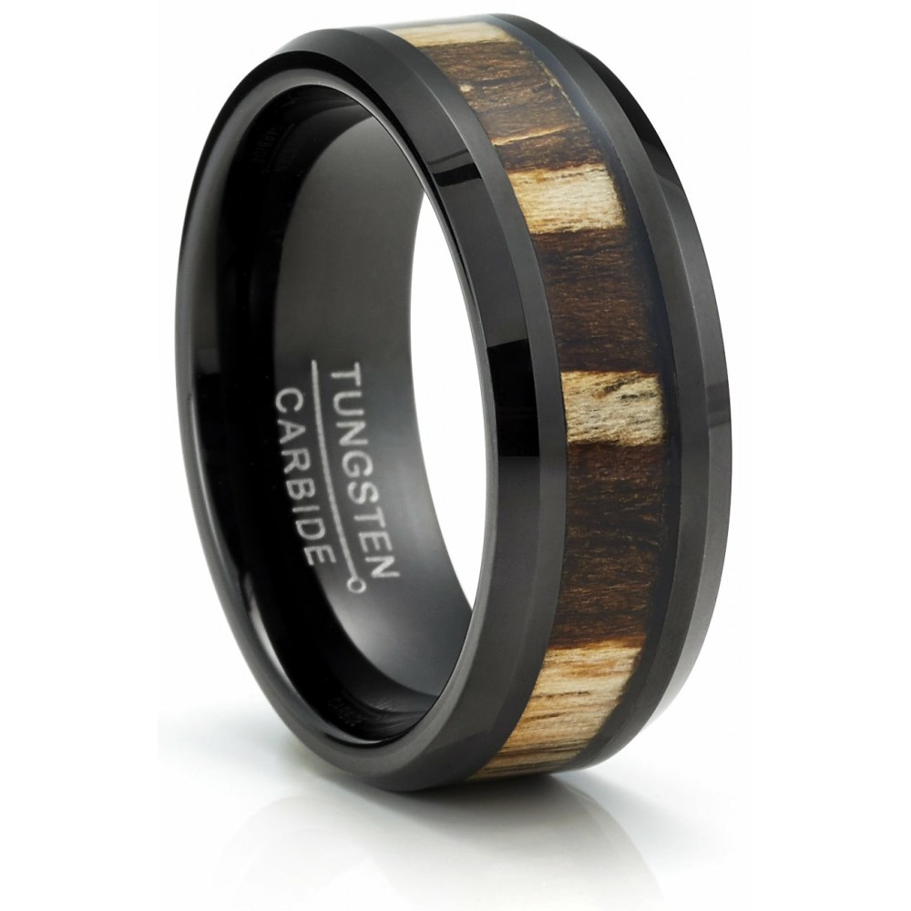 Mens Rings | Men's Black Tungsten Ring Wedding Band Zebra Wood Inlay 8MM Comfort-Fit