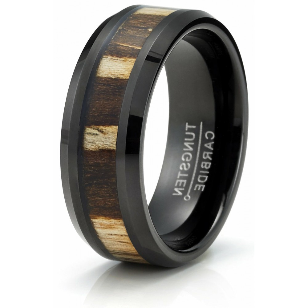 Mens Rings | Men's Black Tungsten Ring Wedding Band Zebra Wood Inlay 8MM Comfort-Fit