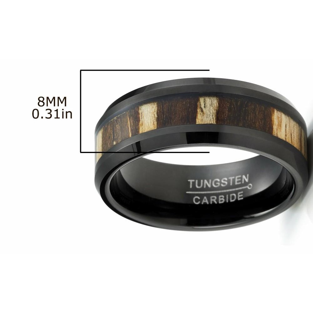 Mens Rings | Men's Black Tungsten Ring Wedding Band Zebra Wood Inlay 8MM Comfort-Fit