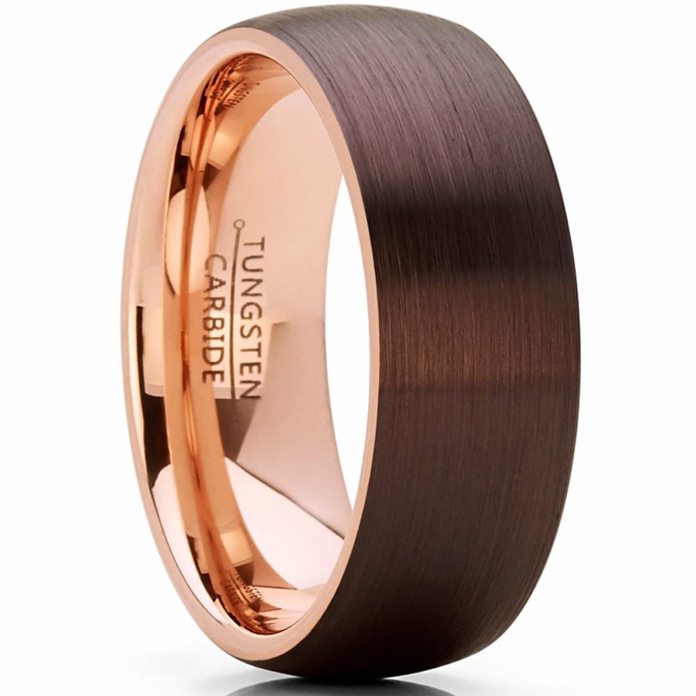 Mens Rings | Men's Chocolate Brown and Rose Tone Tungsten Carbide Wedding Band Ring, brushed dome Comfort Fit 8mm