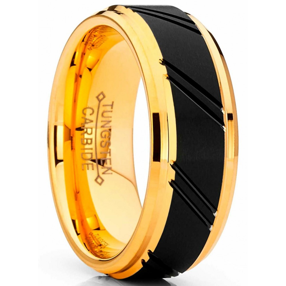 Mens Rings | Men's Duo Tungsten Carbide Wedding Band Black and Gold Tone Ring Comfort Fit 8mm