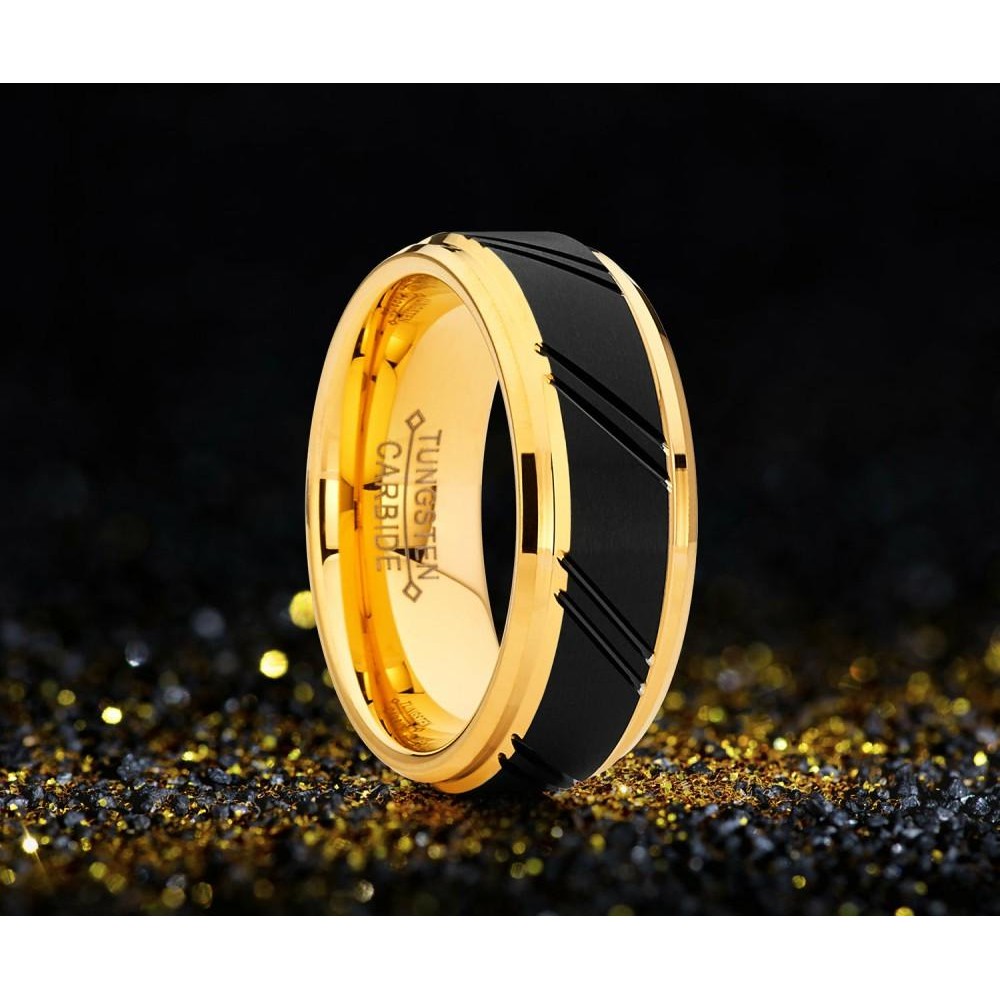 Mens Rings | Men's Duo Tungsten Carbide Wedding Band Black and Gold Tone Ring Comfort Fit 8mm