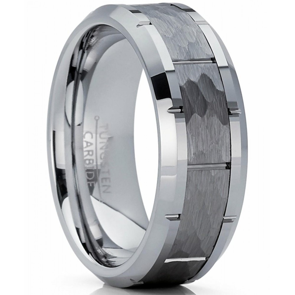 Mens Rings | Men's Hammered Grooved Tungsten Carbide Wedding Band Ring, 8mm Comfort Fit