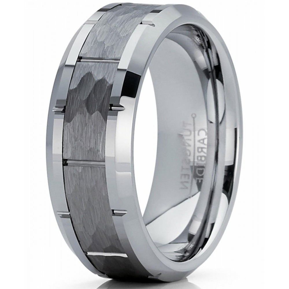 Mens Rings | Men's Hammered Grooved Tungsten Carbide Wedding Band Ring, 8mm Comfort Fit